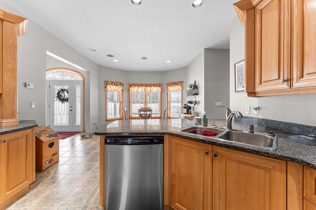 120 Bradbury Rd, Fort Kent, ME 04743 - kitchen with sink, light tile patterned floors, dishwasher, kitchen peninsula, and dark stone counters