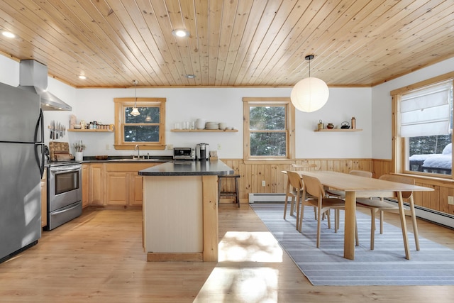 kitchen with hanging light fixtures, wooden ceiling, light brown cabinets, appliances with stainless steel finishes, and a baseboard heating unit