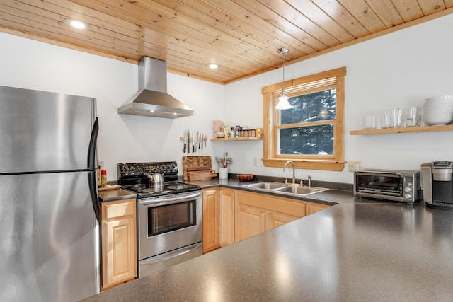 kitchen with light brown cabinetry, sink, wooden ceiling, stainless steel appliances, and wall chimney range hood