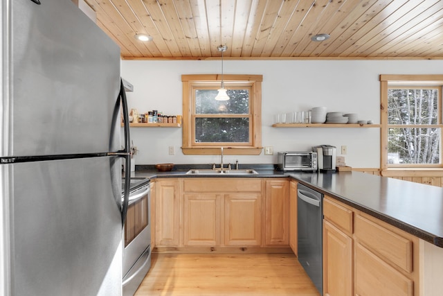 kitchen featuring appliances with stainless steel finishes, sink, wood ceiling, and light hardwood / wood-style flooring