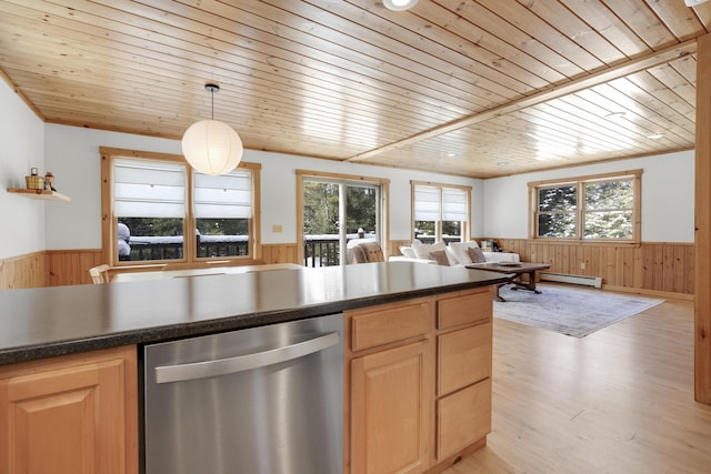 kitchen with pendant lighting, dishwasher, a baseboard heating unit, wooden ceiling, and light brown cabinets