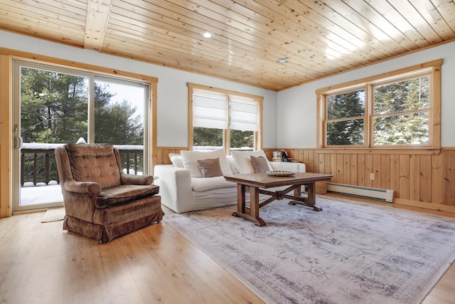 living area with baseboard heating, wood ceiling, and light hardwood / wood-style flooring