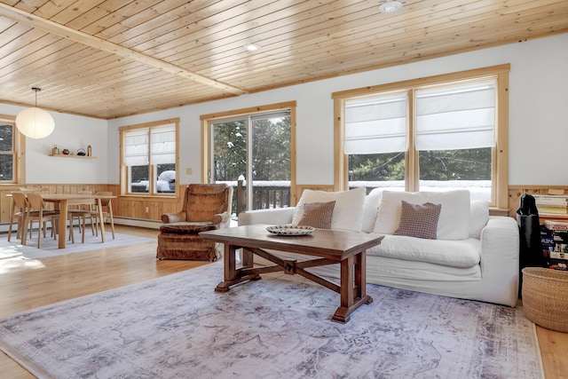 living room featuring plenty of natural light, light wood-type flooring, and wood ceiling