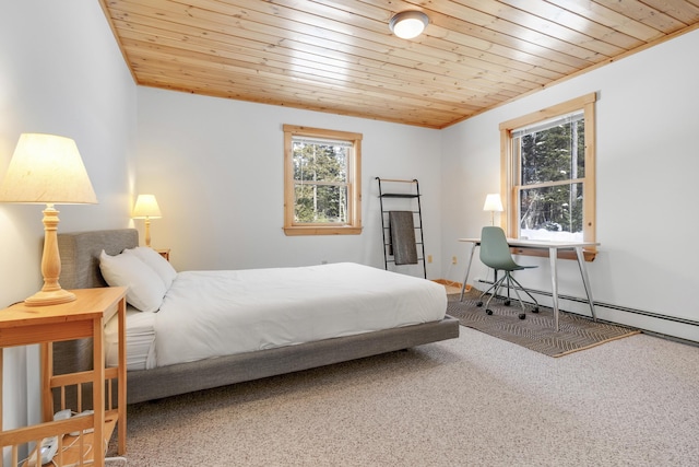 bedroom with wood ceiling, carpet, and a baseboard heating unit