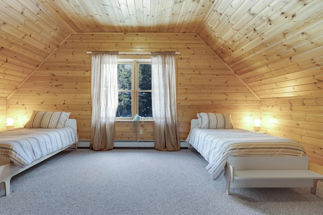 unfurnished bedroom with lofted ceiling, carpet, wooden ceiling, and wooden walls