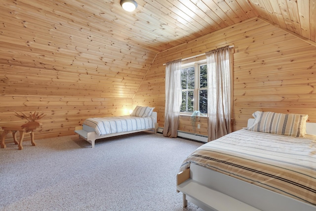 bedroom featuring wood walls, vaulted ceiling, wooden ceiling, a baseboard radiator, and carpet flooring