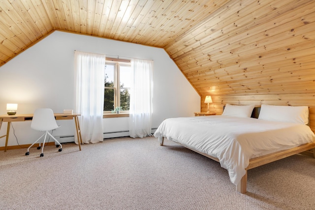 bedroom featuring wood ceiling, lofted ceiling, and carpet flooring