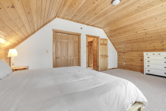 unfurnished bedroom with carpet flooring, vaulted ceiling, wooden ceiling, and wood walls