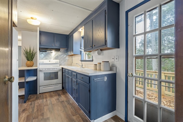 kitchen with blue cabinetry, sink, white electric stove, dark hardwood / wood-style flooring, and a healthy amount of sunlight