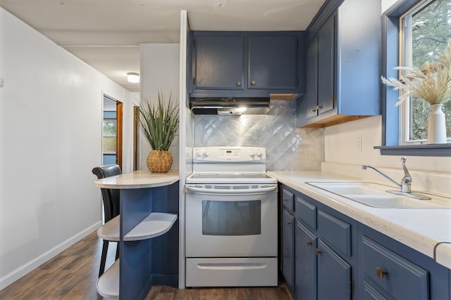 kitchen featuring blue cabinets, tasteful backsplash, ventilation hood, sink, and white electric range oven