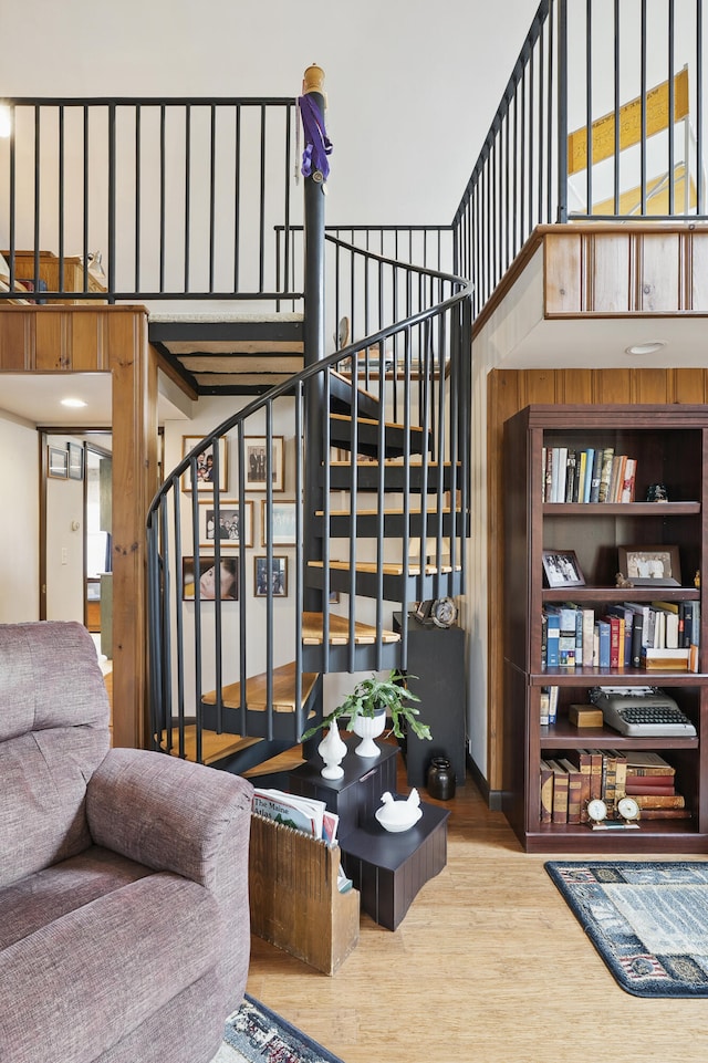 417 Middle Rd, Falmouth, ME 04105 - staircase with wood finished floors and a towering ceiling
