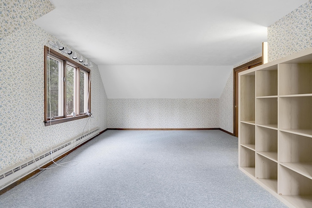 417 Middle Rd, Falmouth, ME 04105 - bonus room with wallpapered walls, carpet floors, lofted ceiling, and baseboard heating