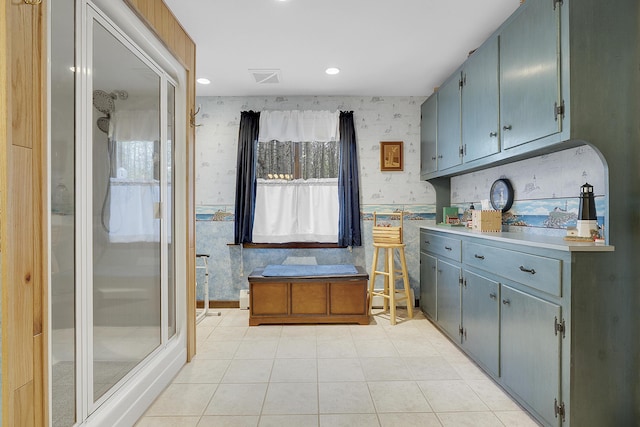 417 Middle Rd, Falmouth, ME 04105 - bathroom with recessed lighting, wallpapered walls, a shower stall, tile patterned flooring, and visible vents