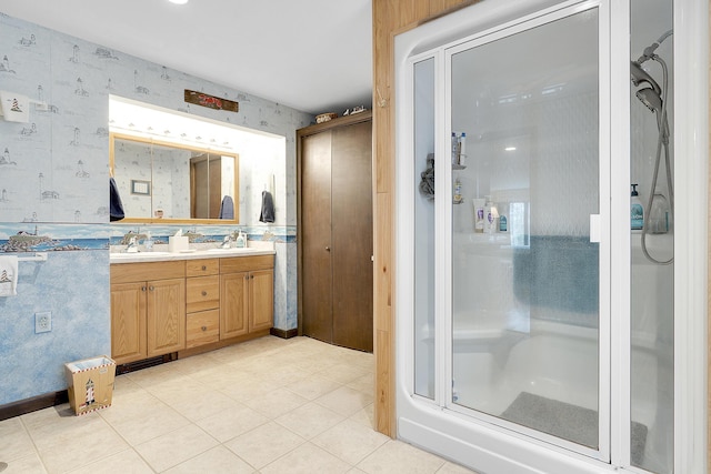 417 Middle Rd, Falmouth, ME 04105 - full bathroom featuring a shower stall, a sink, wallpapered walls, and double vanity