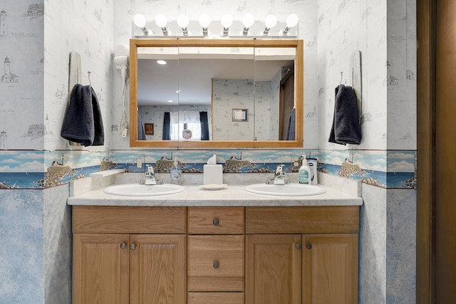 417 Middle Rd, Falmouth, ME 04105 - full bathroom featuring wallpapered walls, a sink, and double vanity