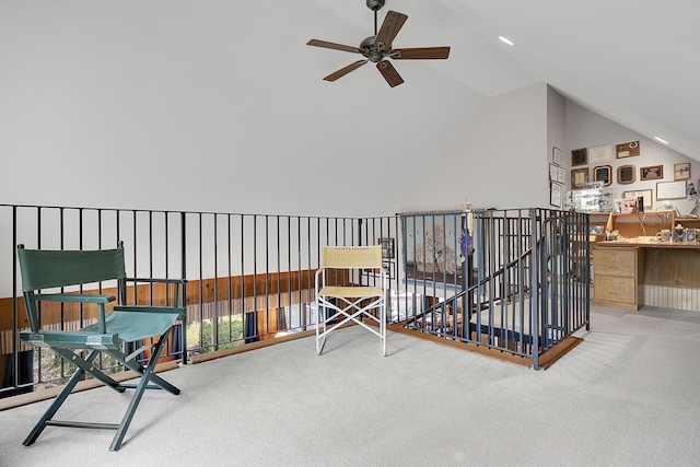 417 Middle Rd, Falmouth, ME 04105 - interior space featuring ceiling fan, lofted ceiling, carpet flooring, and an upstairs landing