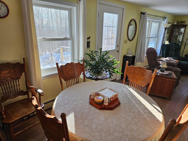 dining area with dark hardwood / wood-style floors and a healthy amount of sunlight