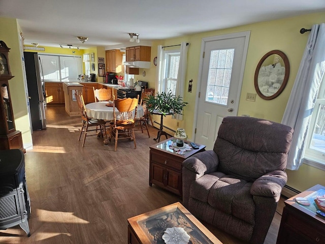 living room featuring a baseboard heating unit and dark wood-type flooring