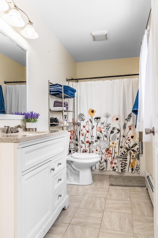 full bathroom with vanity, toilet, shower / tub combo, and a baseboard heating unit