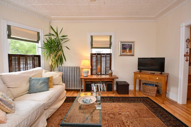 living room with wood-type flooring, radiator, and crown molding