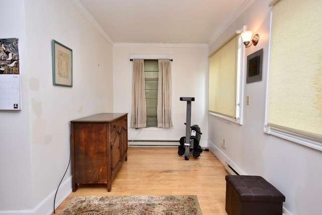 workout area featuring a baseboard radiator, crown molding, and light hardwood / wood-style flooring