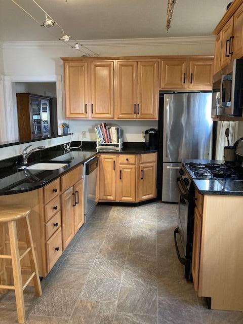 kitchen with dark stone countertops, sink, ornamental molding, and stainless steel appliances