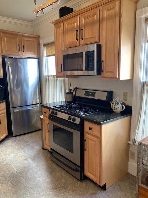 kitchen featuring ornamental molding and stainless steel appliances