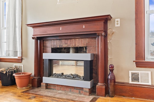 room details with wood-type flooring and a fireplace