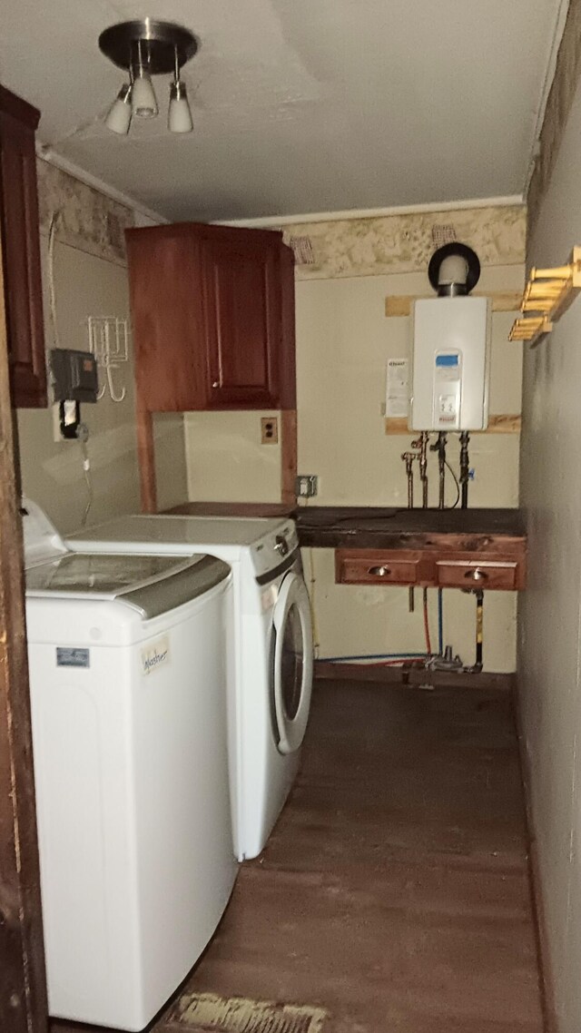 7 Hidden Meadow Ln, Dixfield, ME 04224 - clothes washing area with cabinet space, washer and dryer, water heater, and dark wood-style flooring