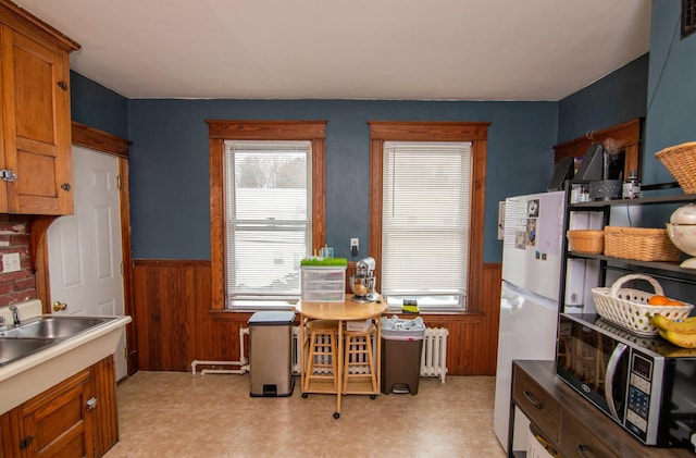 kitchen with radiator, a wealth of natural light, sink, and white fridge