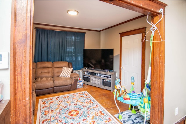 living room featuring hardwood / wood-style floors and crown molding