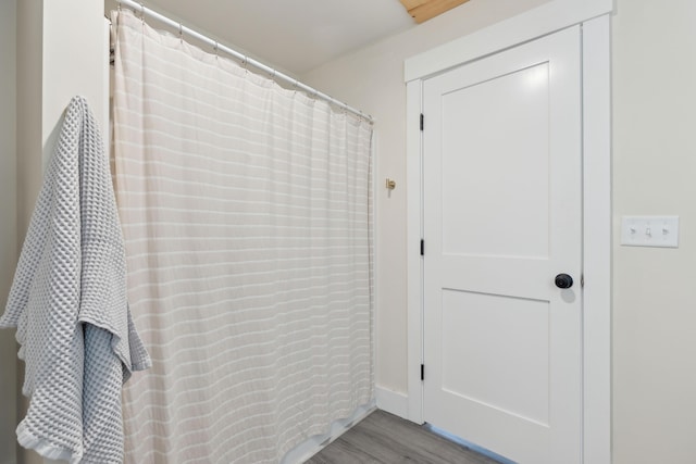 bathroom with wood-type flooring