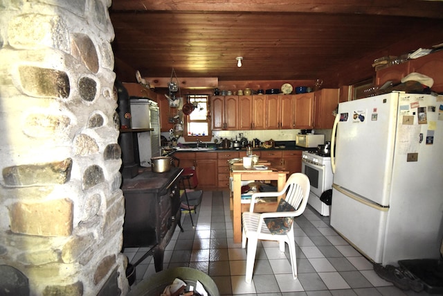 kitchen featuring wood ceiling, white appliances, sink, and light tile patterned flooring