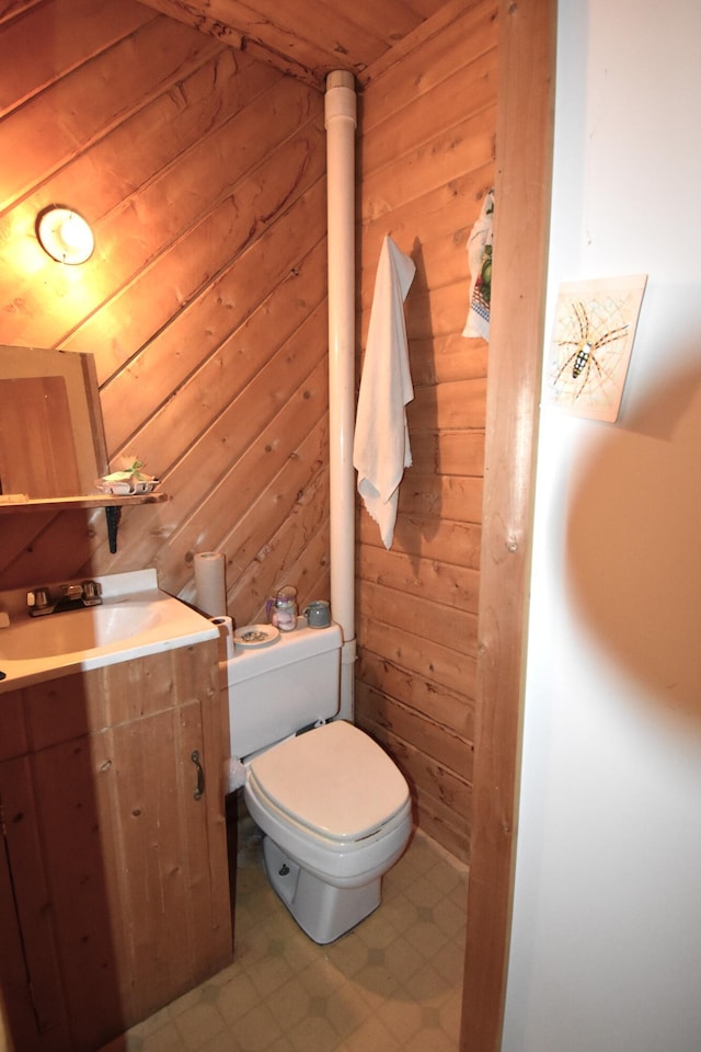 bathroom with toilet, vanity, and wood walls