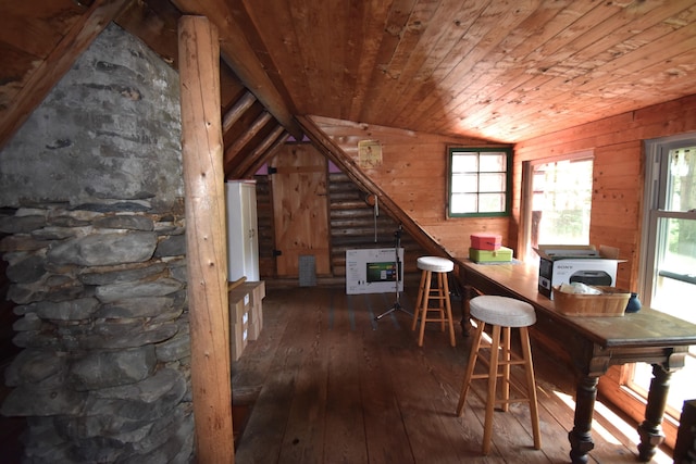 dining area with vaulted ceiling, wooden ceiling, dark hardwood / wood-style flooring, and wood walls