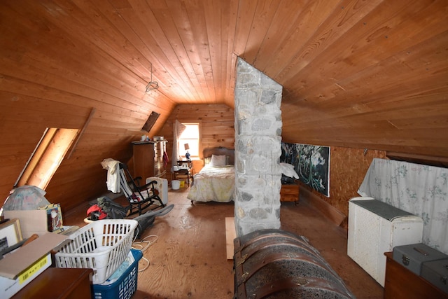 additional living space with decorative columns, vaulted ceiling, wooden walls, and wood ceiling