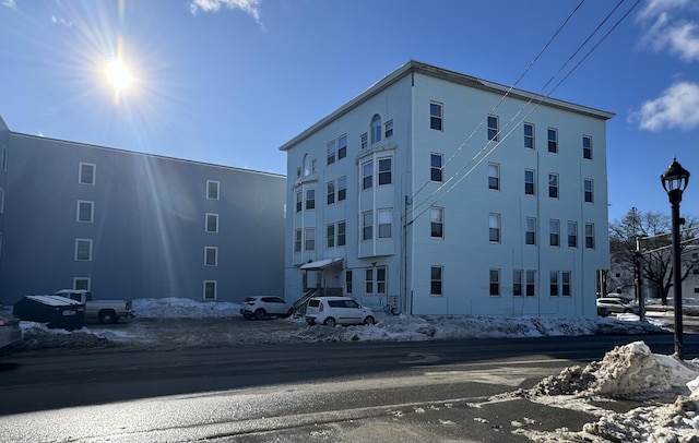 view of snow covered building