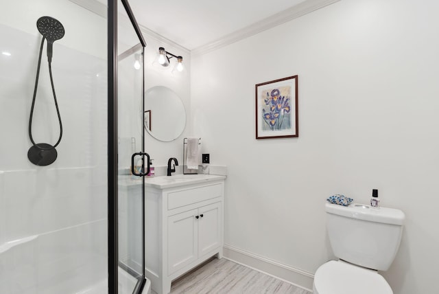 bathroom featuring toilet, an enclosed shower, ornamental molding, vanity, and hardwood / wood-style flooring