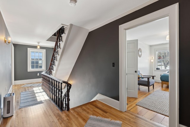 stairs featuring hardwood / wood-style flooring and ornamental molding