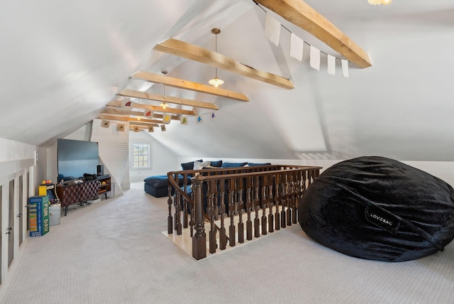 stairway featuring carpet and vaulted ceiling with beams