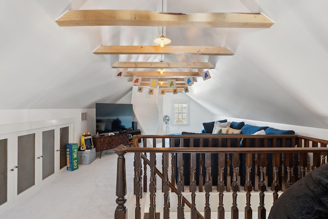 staircase featuring vaulted ceiling with beams and carpet flooring