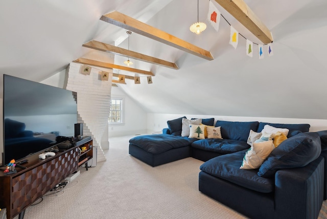 living room with carpet floors and lofted ceiling with beams