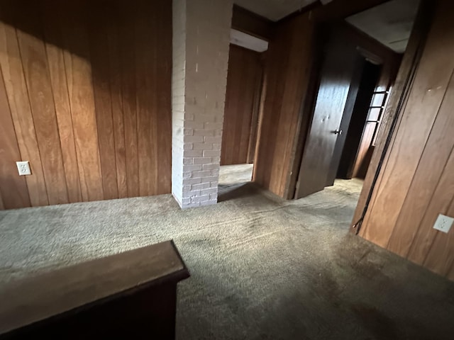 interior space featuring wooden walls and carpet flooring