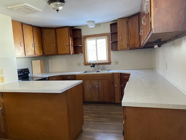 kitchen featuring dark hardwood / wood-style flooring, sink, electric range, and kitchen peninsula