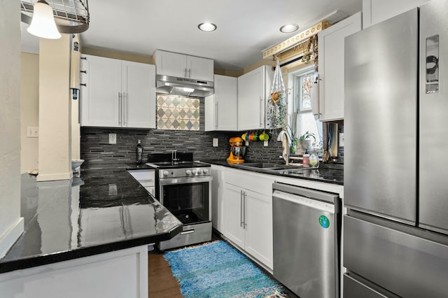 kitchen with white cabinets, decorative backsplash, appliances with stainless steel finishes, under cabinet range hood, and a sink