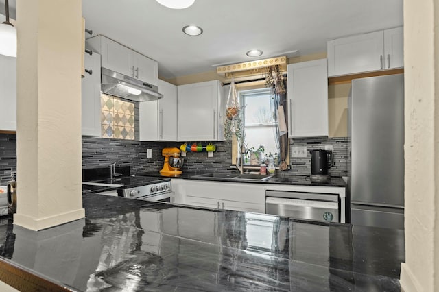 kitchen featuring white cabinets, decorative backsplash, stainless steel appliances, under cabinet range hood, and a sink