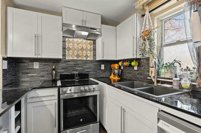 kitchen with decorative backsplash, white cabinets, stainless steel range with electric stovetop, dishwasher, and under cabinet range hood