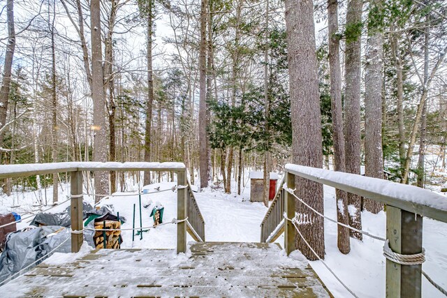 view of snow covered deck