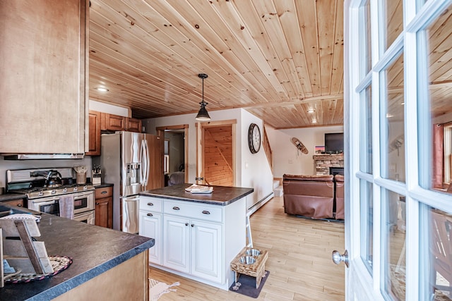 kitchen featuring pendant lighting, wood ceiling, stainless steel appliances, white cabinets, and light wood-type flooring