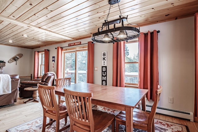 dining area featuring a baseboard heating unit, wood ceiling, and light hardwood / wood-style floors